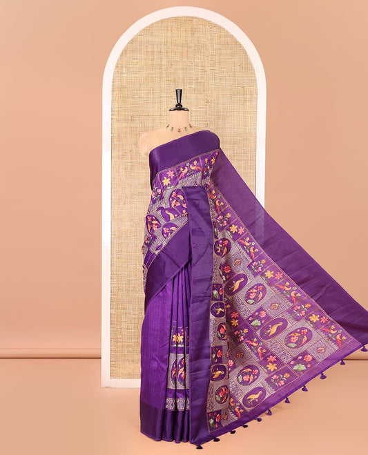 Purple Green-Silk Saree, Elegantly Highlighted by Mughal-Style Floral-Fauna Enclosed Jaal Design Embroidery, Subtle Satin Border, Artfully Multi-Color Embroidered Pallu, and Paired with a Matching Blouse