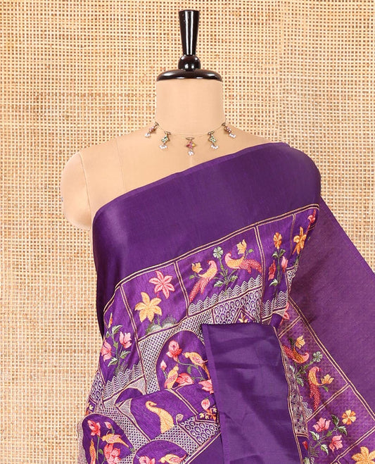 Purple Green-Silk Saree, Elegantly Highlighted by Mughal-Style Floral-Fauna Enclosed Jaal Design Embroidery, Subtle Satin Border, Artfully Multi-Color Embroidered Pallu, and Paired with a Matching Blouse