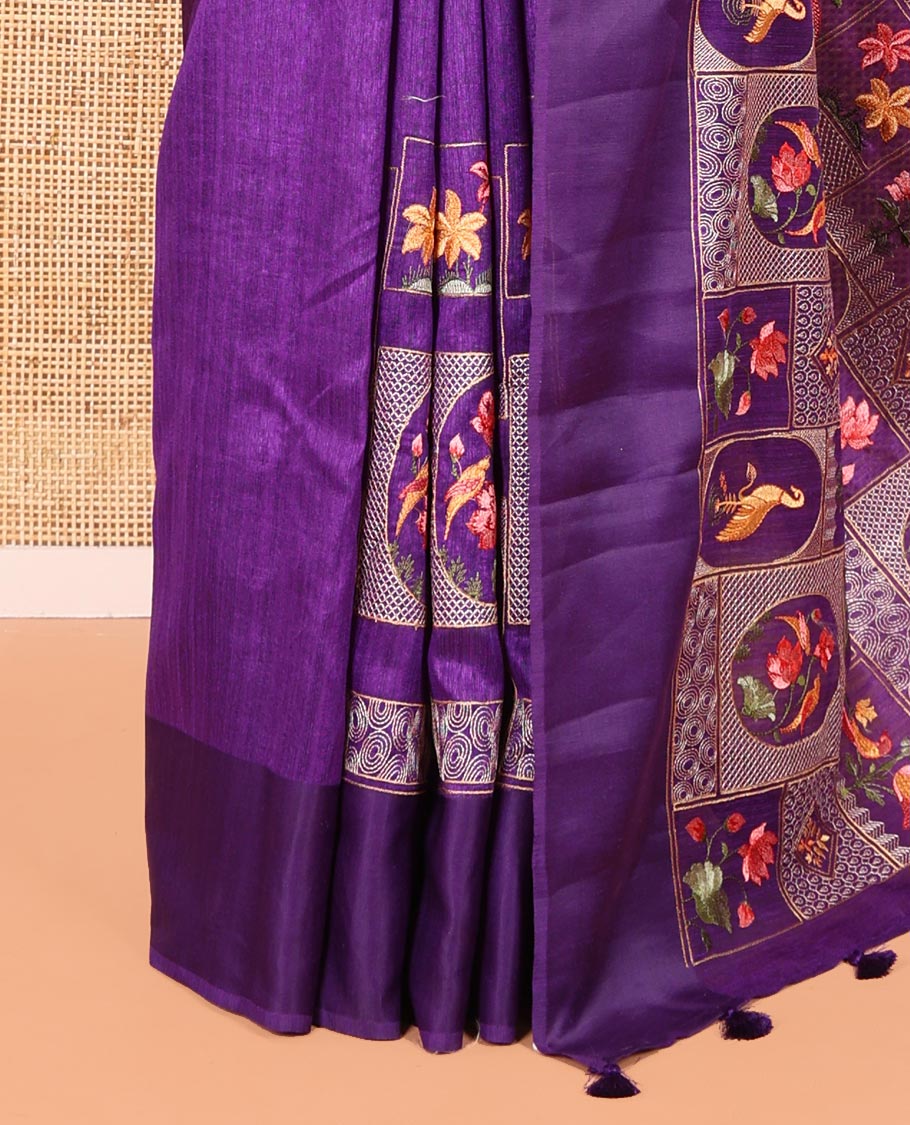 Purple Green-Silk Saree, Elegantly Highlighted by Mughal-Style Floral-Fauna Enclosed Jaal Design Embroidery, Subtle Satin Border, Artfully Multi-Color Embroidered Pallu, and Paired with a Matching Blouse