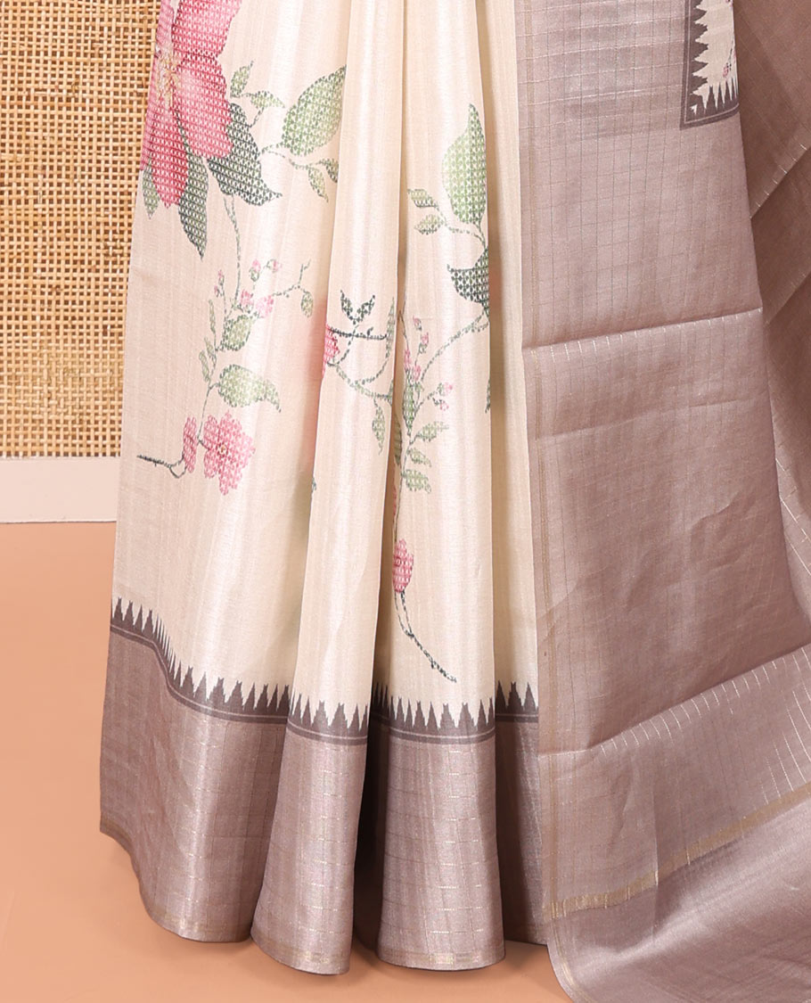 Off-White Fancy Tussar Silk Saree, Enthralled with Floral Cross Stitch Embroidery All Over Its Body, Complemented by a Contrast Temple Zari Checked Border, Pallu of Checked Designs, and Paired with a Contrast Blouse