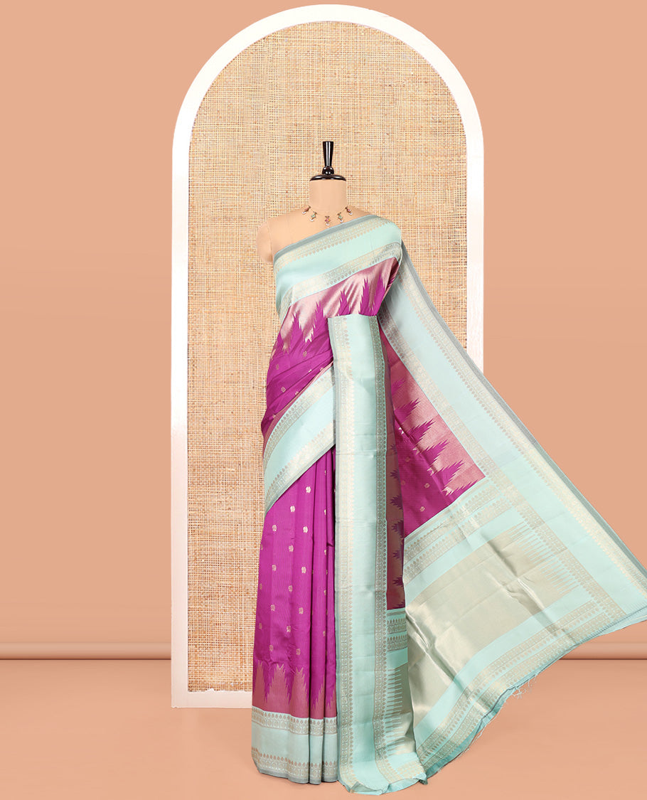Magenta Litchi Saree, Bedecked with Peacock Buttas , Contrast Temple Traditional Rettai Pettu Border, Pallu of Traditional , and Contrast Blouse