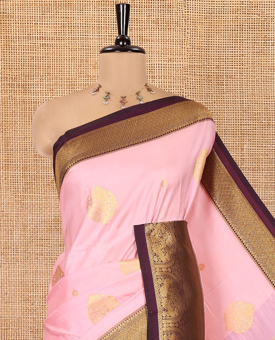 Light Pink Art Silk Saree, Elevated with Zari Buttas, Contrast Traditional Border, Grand Pallu and Matching Blouse