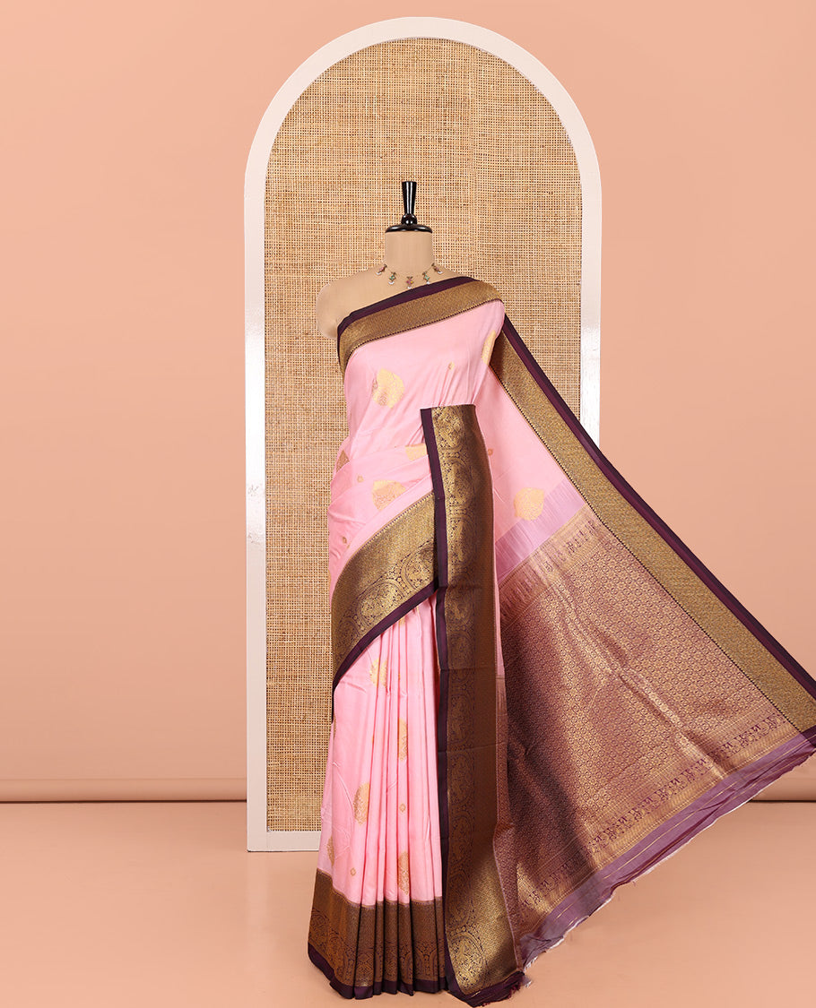 Light Pink Art Silk Saree, Elevated with Zari Buttas, Contrast Traditional Border, Grand Pallu and Matching Blouse