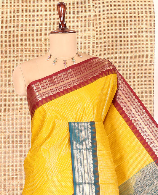 Mustard Zari Checked Budget Silk Saree, Contrast Ganga-Jamuna Traditional Temple Border, Grand Pallu, and a Contrast Blouse