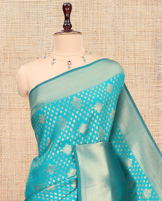 Rama Blue Semi-Silk Saree, Enriched with Jacquard Design, a Traditional Zari Border, Grand Pallu, and a Matching Blouse-Trisha-Inspired