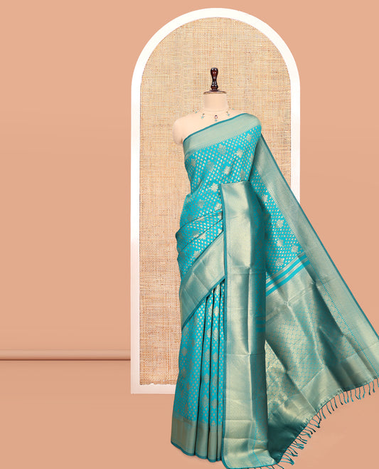 Rama Blue Semi-Silk Saree, Enriched with Jacquard Design, a Traditional Zari Border, Grand Pallu, and a Matching Blouse-Trisha-Inspired