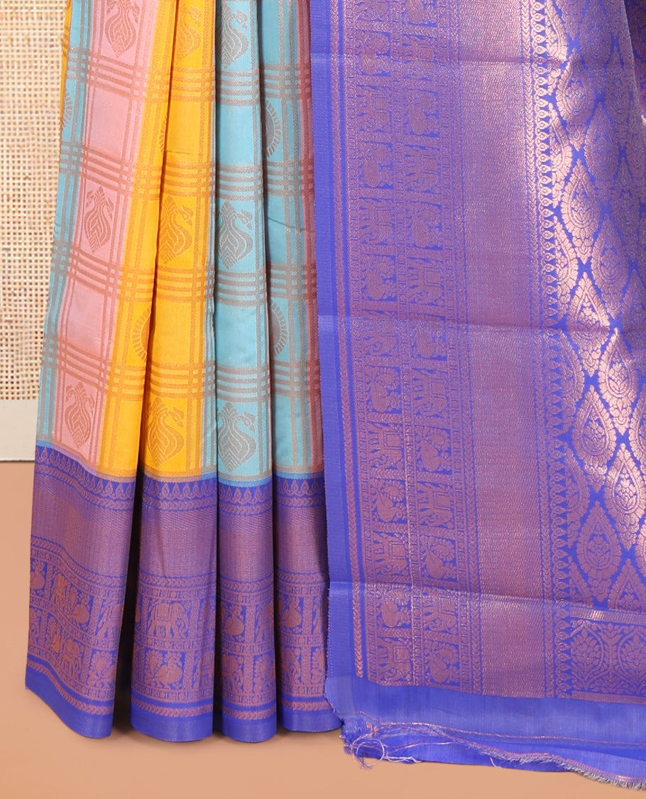 Multi-Color Zari Butta Enclosed Checks Litchi Saree, Elevated with Contrast Traditional Border and Blouse
