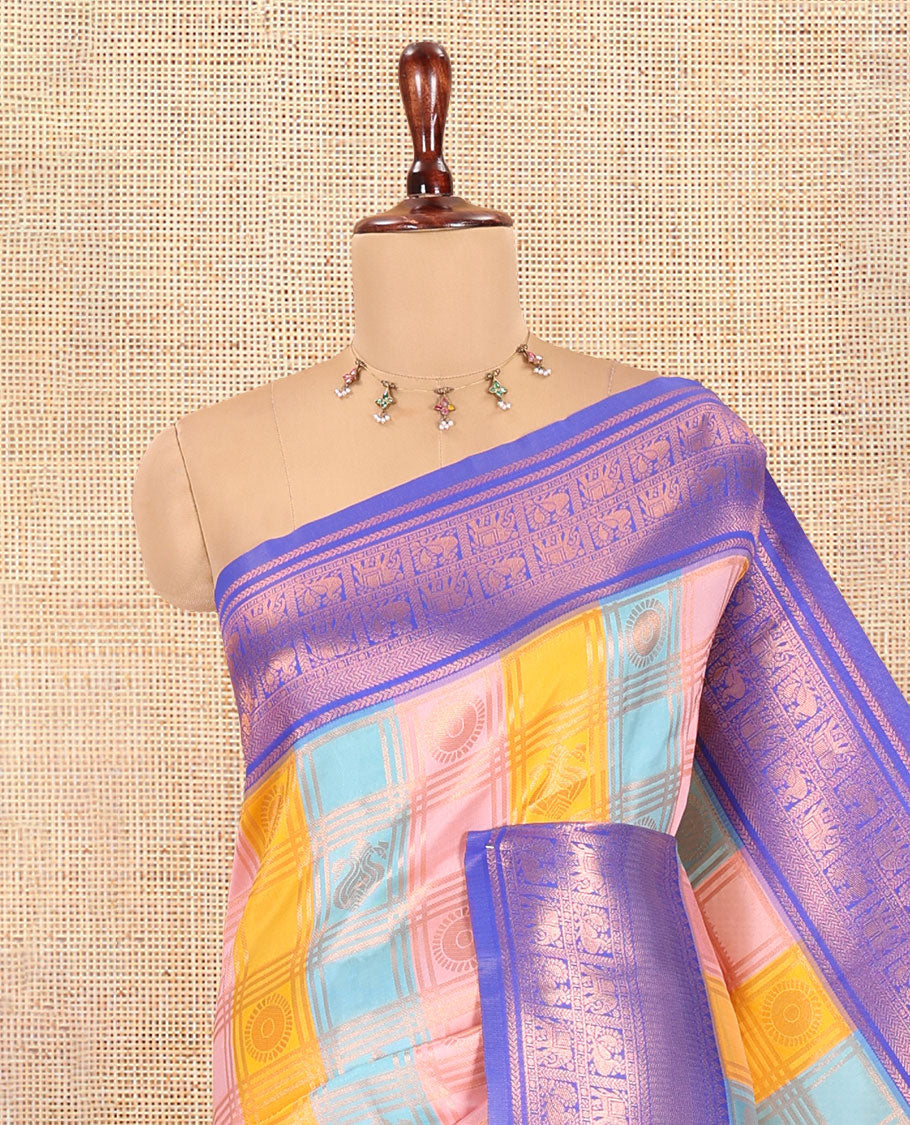 Multi-Color Zari Butta Enclosed Checks Litchi Saree, Elevated with Contrast Traditional Border and Blouse
