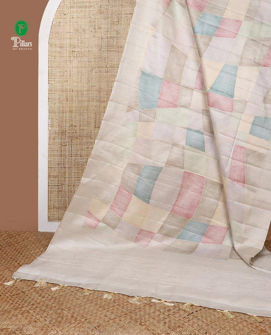 Chikku color geometrical digital print fancy tussar silk saree with resam border & resam pallu along with plain blouse