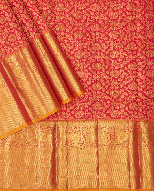 Red pure-silk half saree, jacquard skirt, contrast border & blouse of thilakam mokku,poun,muthu,kuthirai & mayil kann & intricate dhavani