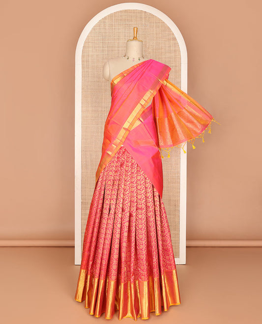 Red pure-silk half saree, jacquard skirt, contrast border & blouse of thilakam mokku,poun,muthu,kuthirai & mayil kann & intricate dhavani