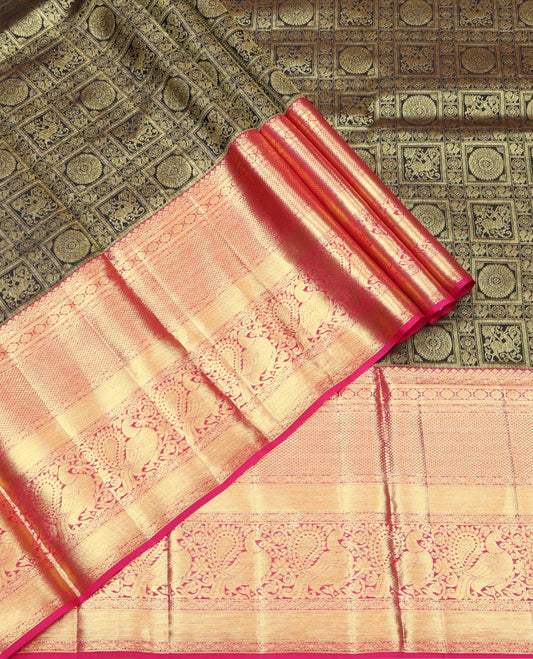 Black Pure Silk Half-Saree, Decorated with Butta Enclosed Checks All Over Its Skirt, Complemented by a Contrast Border of Diamond, Mayil Kann, and Mayil Designs, Paired with a Contrast Blouse, and Comes with a Jaal Design Dhavani