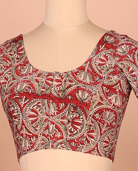 Red lotus enclosed scallop design printed front-back round neck full-sleeved cotton readymade blouse