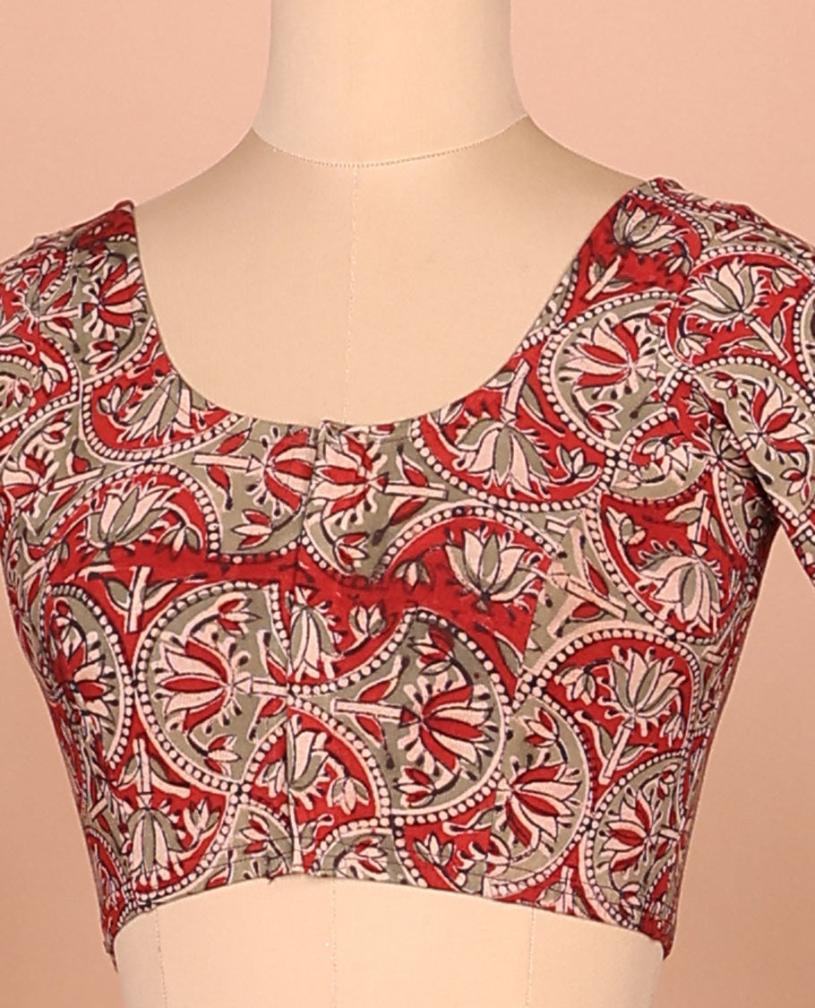 Red lotus enclosed scallop design printed front-back round neck full-sleeved cotton readymade blouse