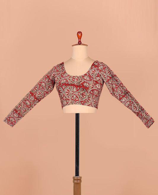 Red lotus enclosed scallop design printed front-back round neck full-sleeved cotton readymade blouse