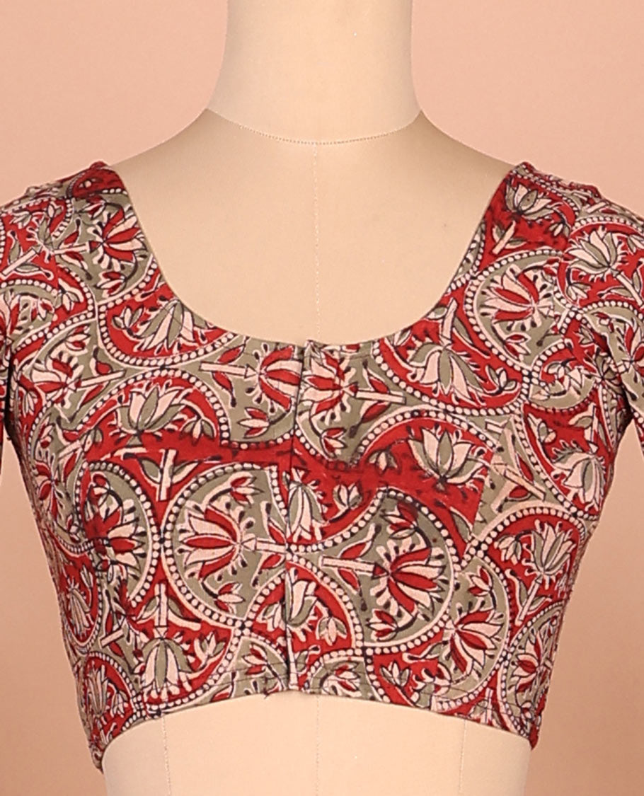 Red lotus enclosed scallop design printed front-back round neck full-sleeved cotton readymade blouse