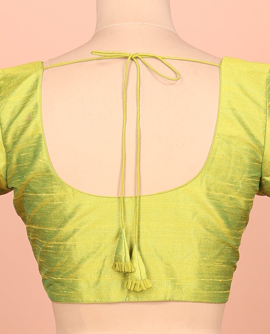 Parrot Green Plain Readymade Blouse Featuring a Front Round-Neck, Back Round-Neck, and Half-Sleeve