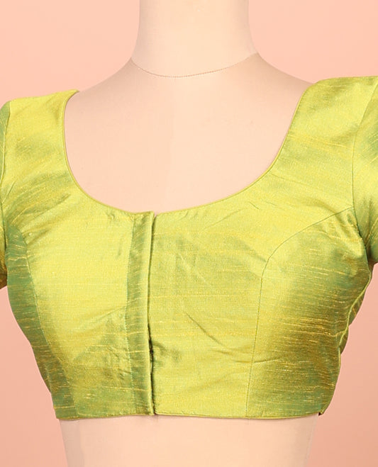 Parrot Green Plain Readymade Blouse Featuring a Front Round-Neck, Back Round-Neck, and Half-Sleeve