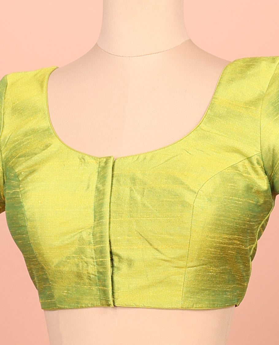 Parrot Green Plain Readymade Blouse Featuring a Front Round-Neck, Back Round-Neck, and Half-Sleeve