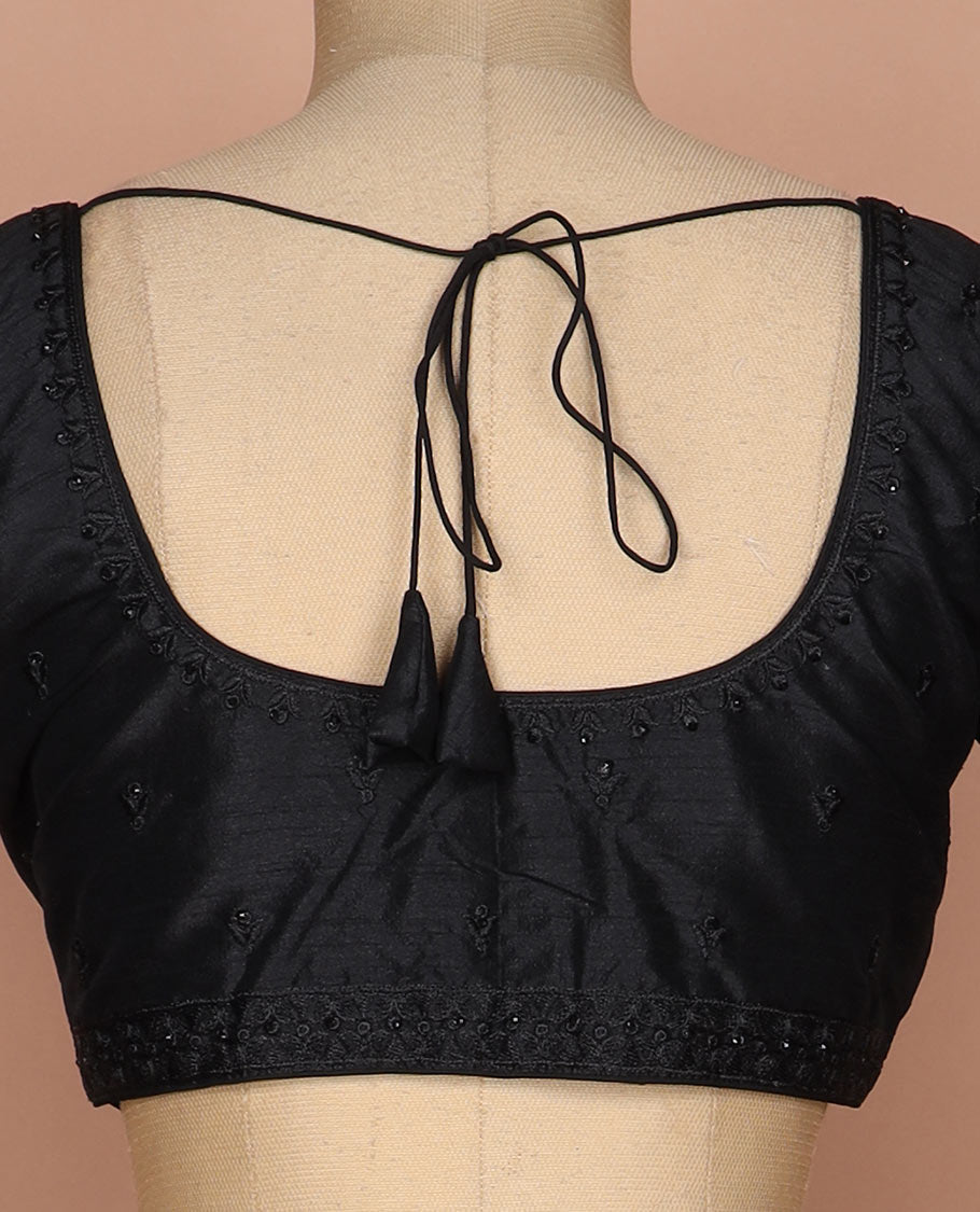 Black thread and sequins embroidered round neck elbow sleeve raw silk readymade blouse