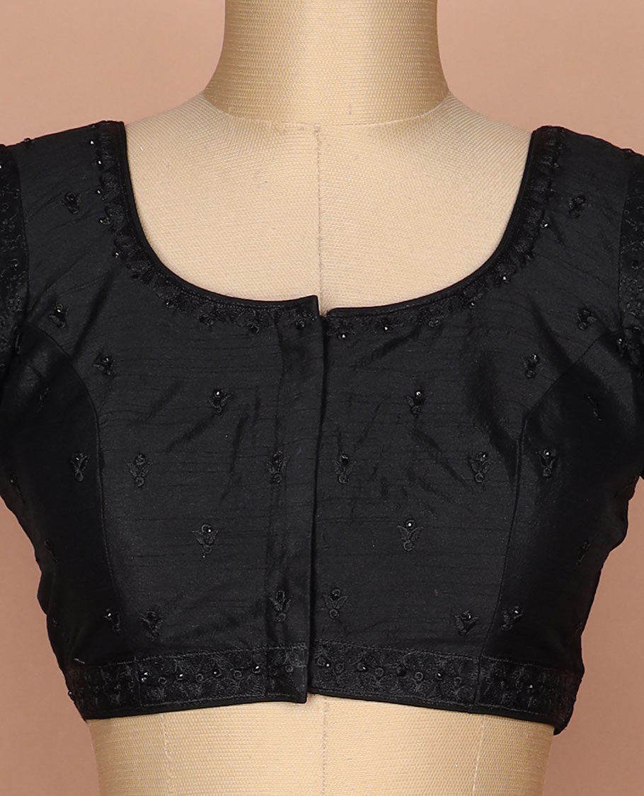 Black thread and sequins embroidered round neck elbow sleeve raw silk readymade blouse