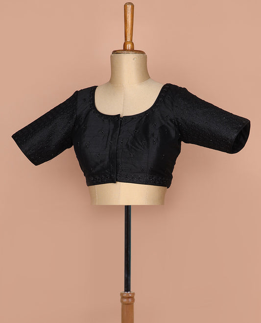 Black thread and sequins embroidered round neck elbow sleeve raw silk readymade blouse