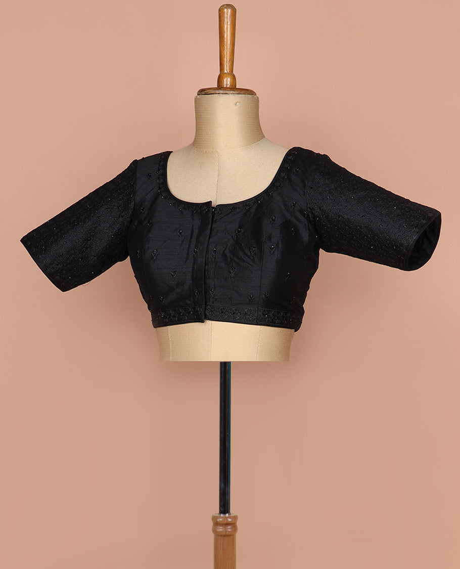 Black thread and sequins embroidered round neck elbow sleeve raw silk readymade blouse