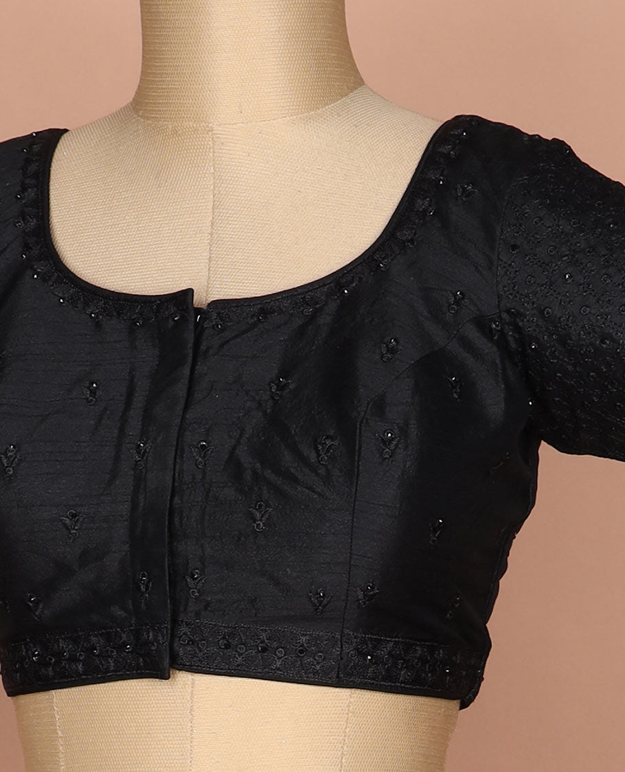 Black thread and sequins embroidered round neck elbow sleeve raw silk readymade blouse