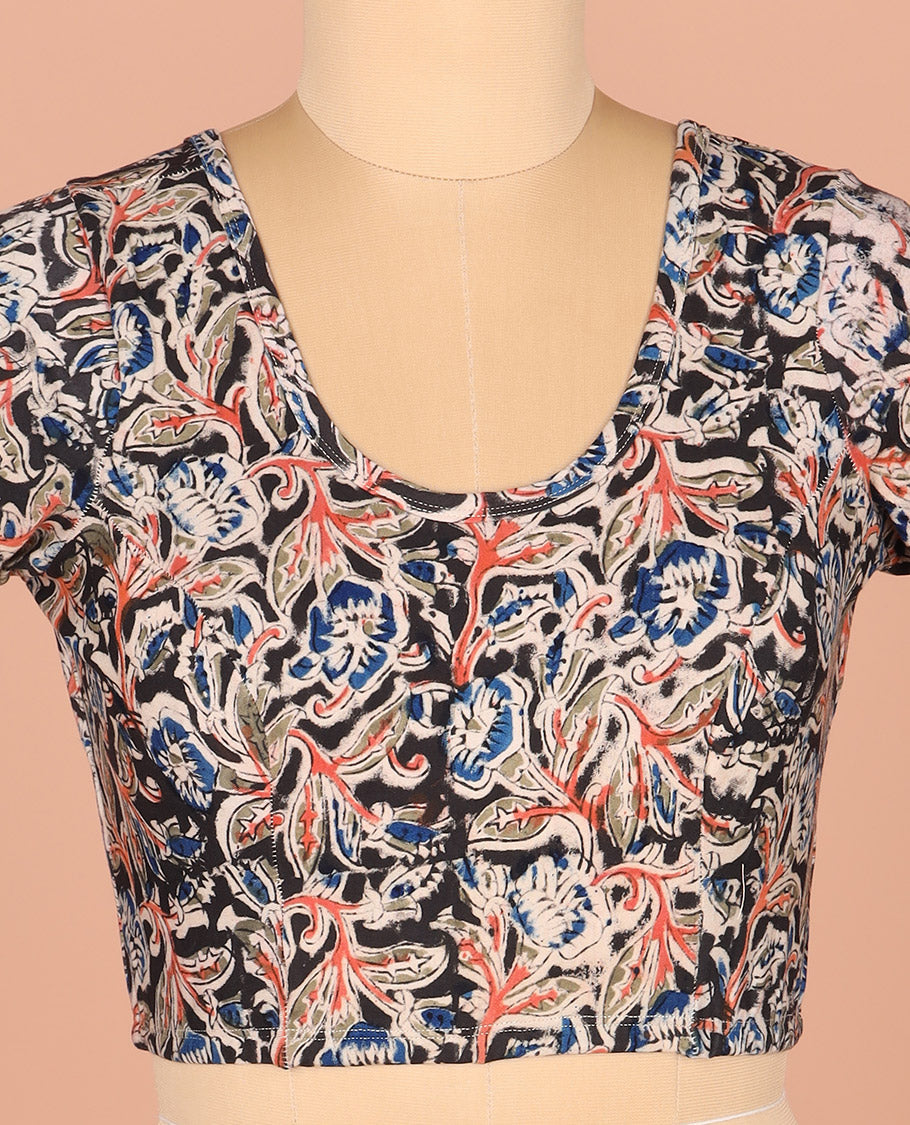 Black Readymade Blouse Delicately Printed with Floral Motifs, Featuring a Front Round-Neck, a Back Round Neck, and Elbow Sleeves