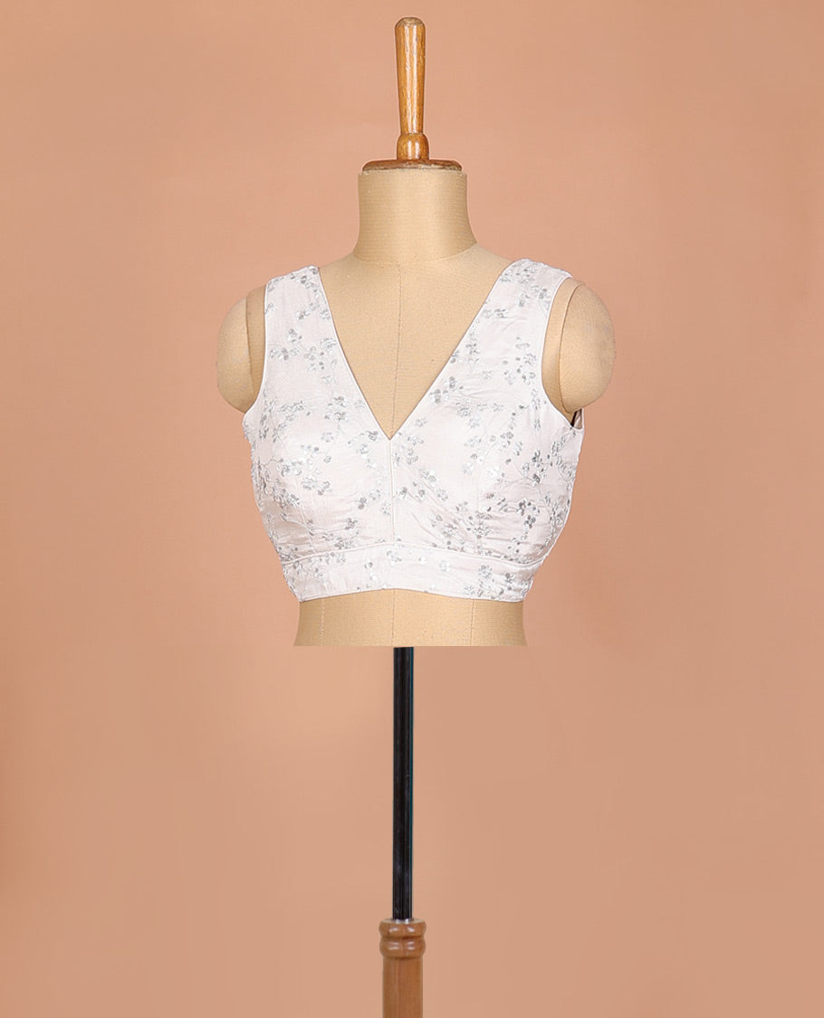 Off-white floral vine thread embroidered sleeveless readymade blouse with front and back deep-V neck