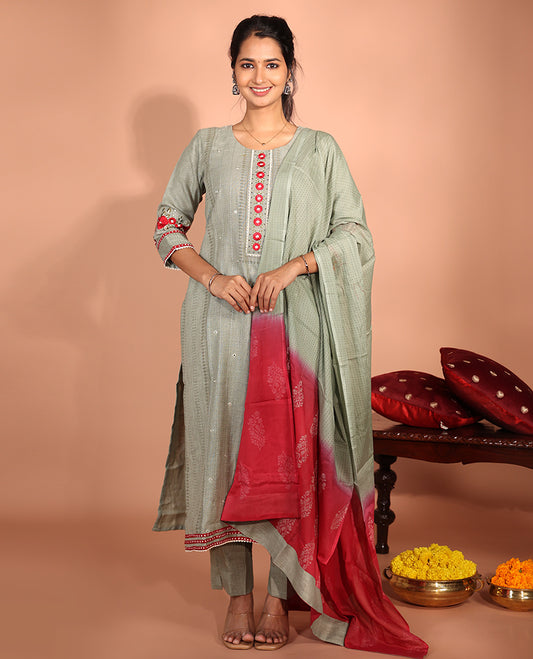 Green Cotton Readymade Suit