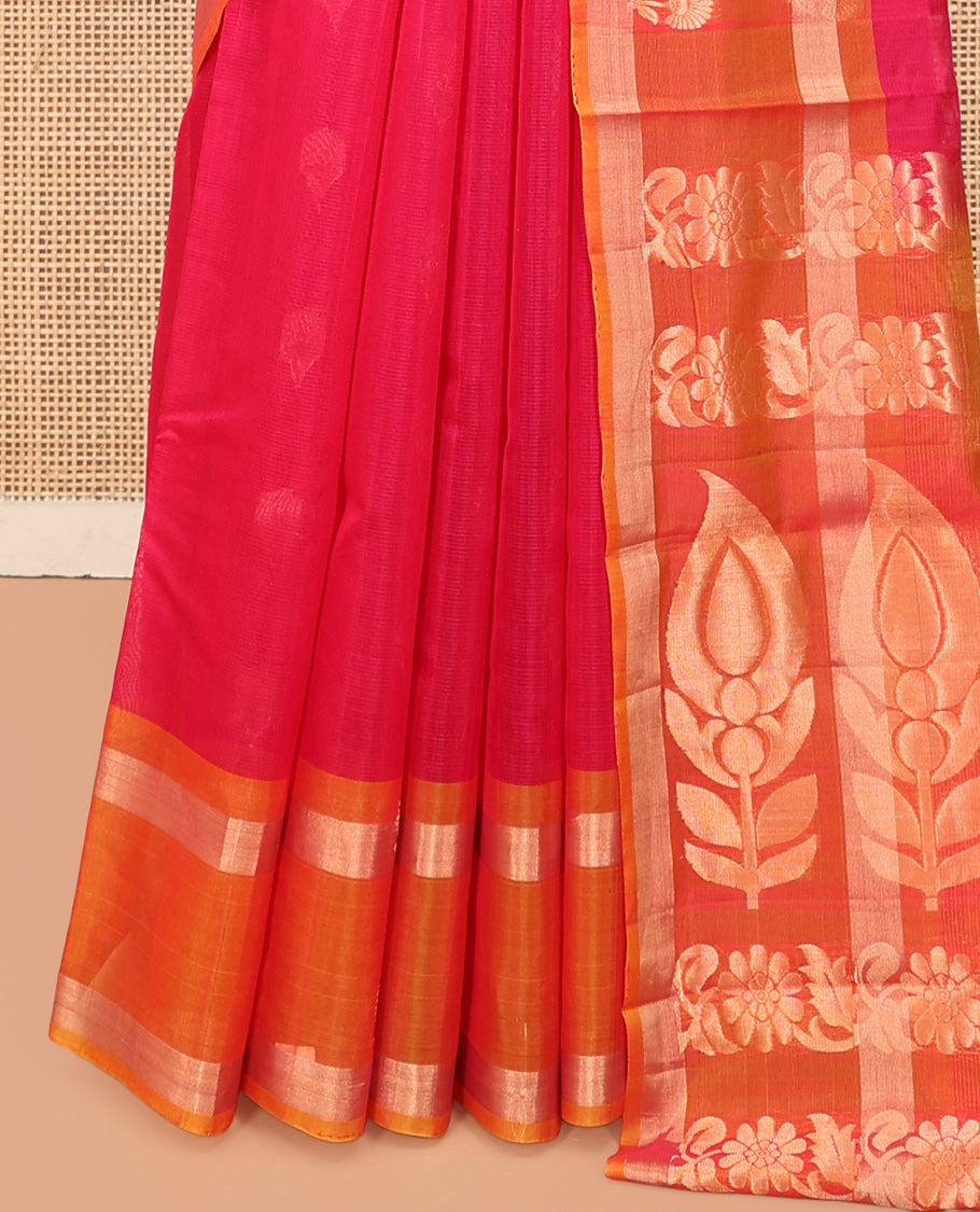 Pink Silk Cotton Saree, Prettified with Floral Buttas, a Contrast Floral Motif Border, Intricate Pallu, and a Contrast Blouse