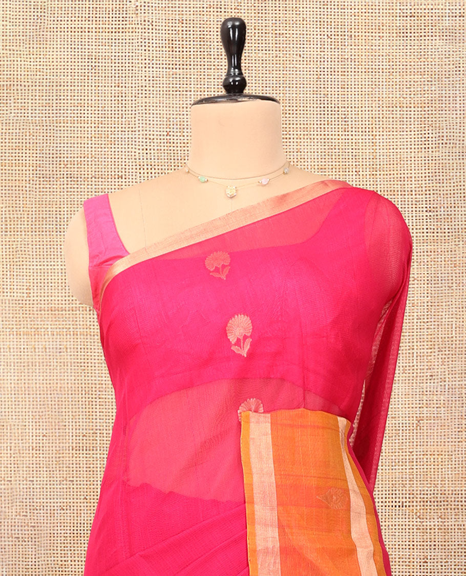 Pink Silk Cotton Saree, Prettified with Floral Buttas, a Contrast Floral Motif Border, Intricate Pallu, and a Contrast Blouse