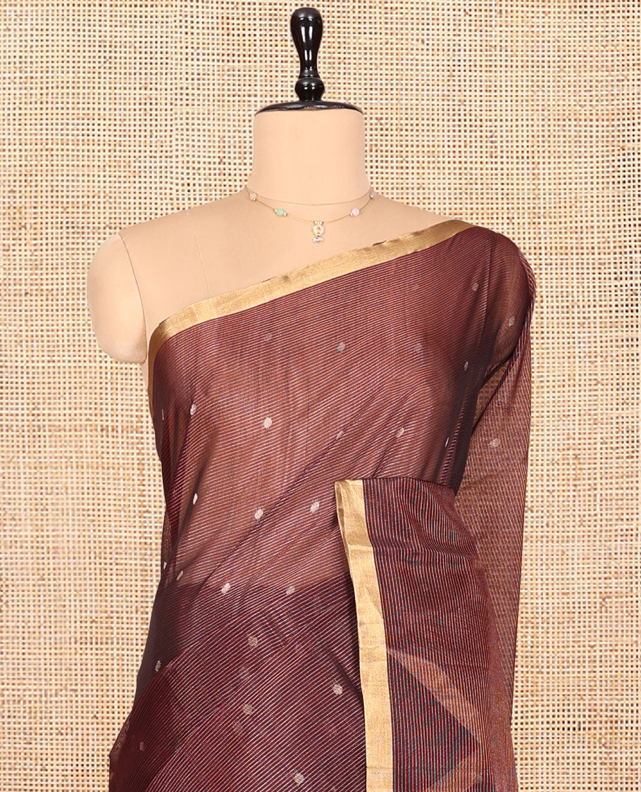 Brown Silk Cotton Saree, Ornamented with Buttas and Stripes, a Subtle Piping Border, Pallu of Temple Designs, and Matching Blouse