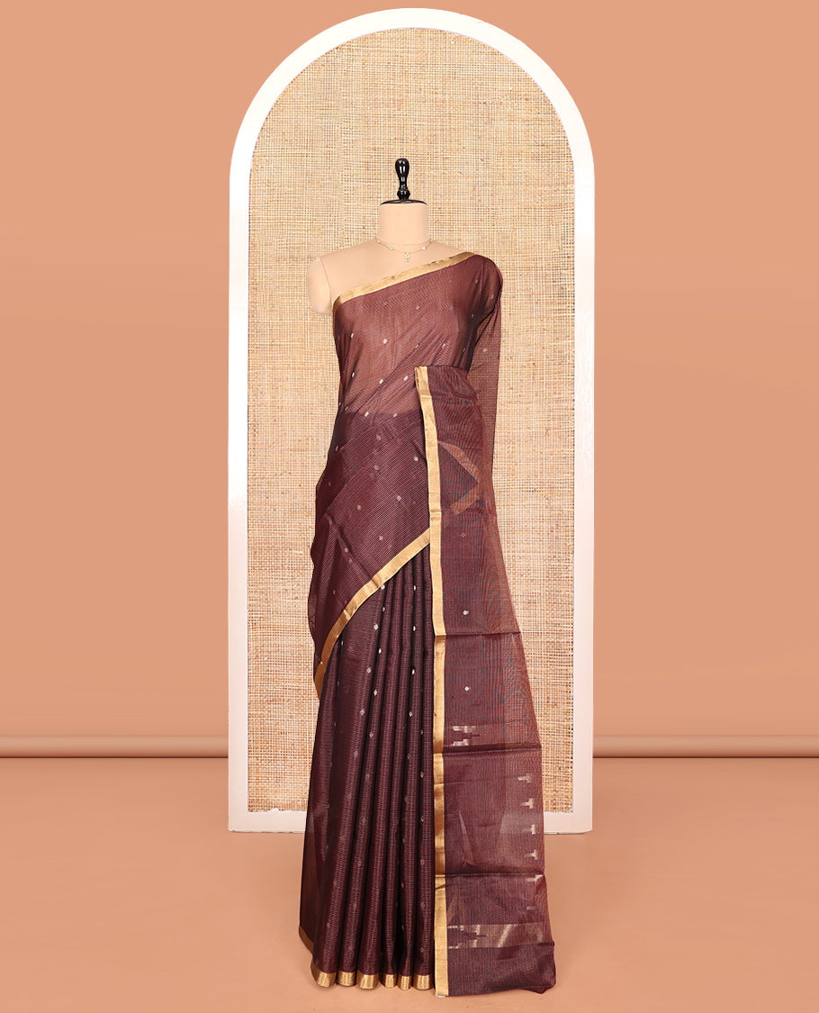 Brown Silk Cotton Saree, Ornamented with Buttas and Stripes, a Subtle Piping Border, Pallu of Temple Designs, and Matching Blouse