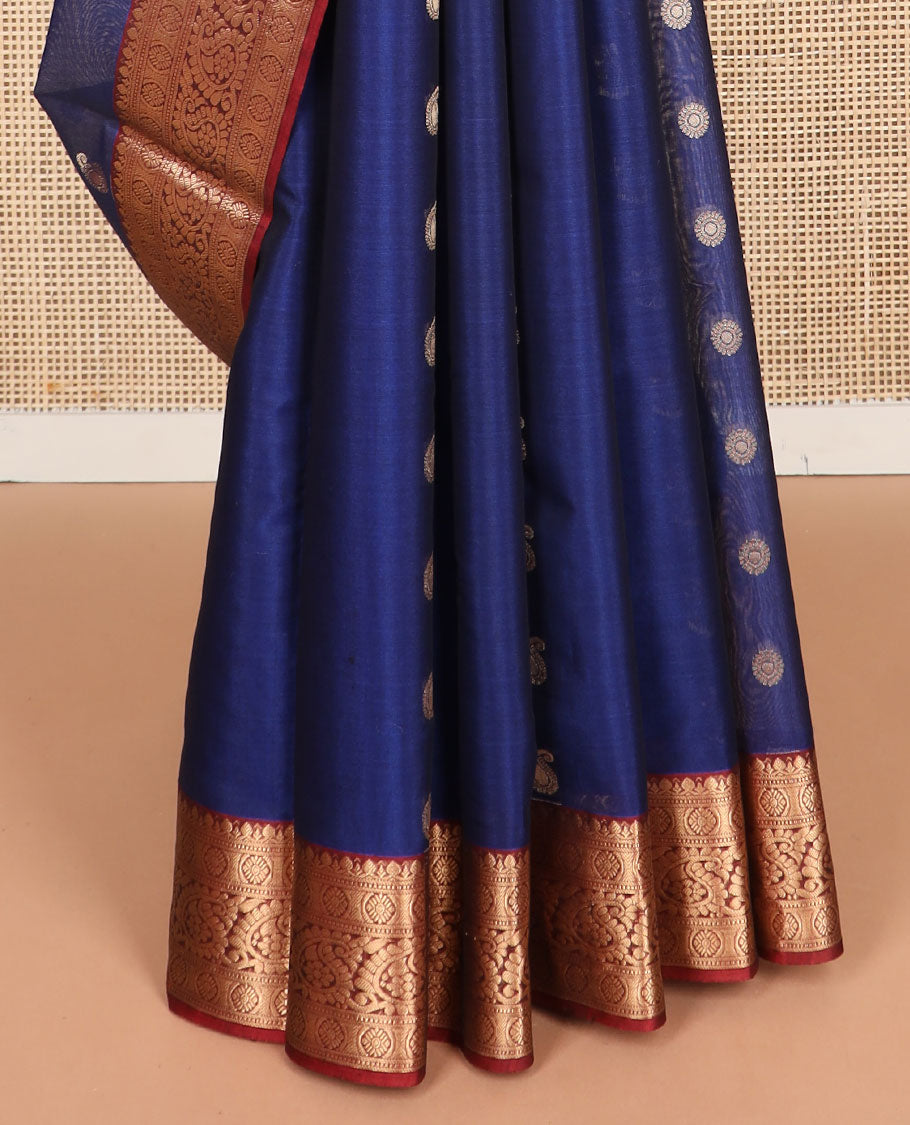 Dark blue motifs silk cotton saree with contrast intricate zari design border & argyle design pallu