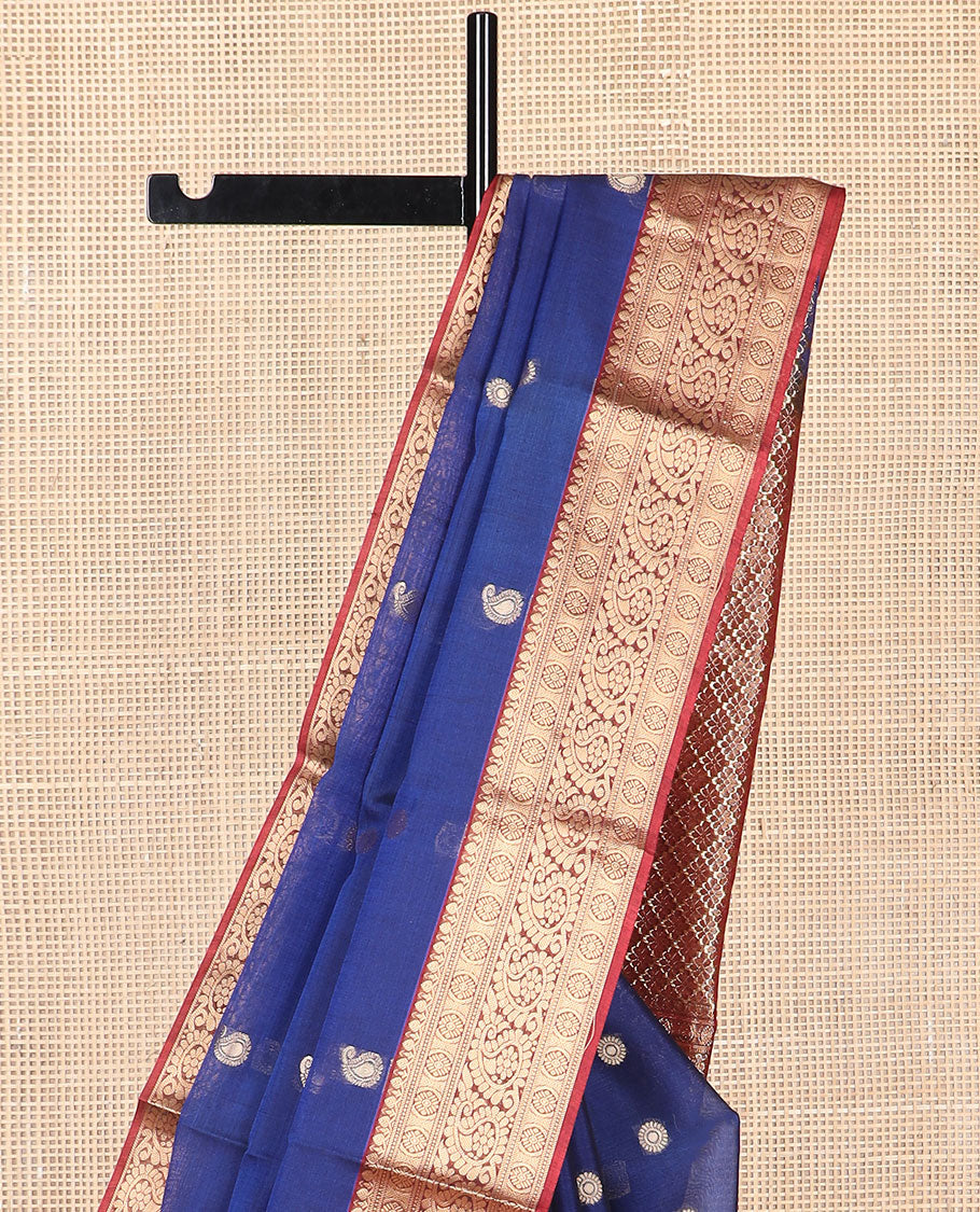 Dark blue motifs silk cotton saree with contrast intricate zari design border & argyle design pallu