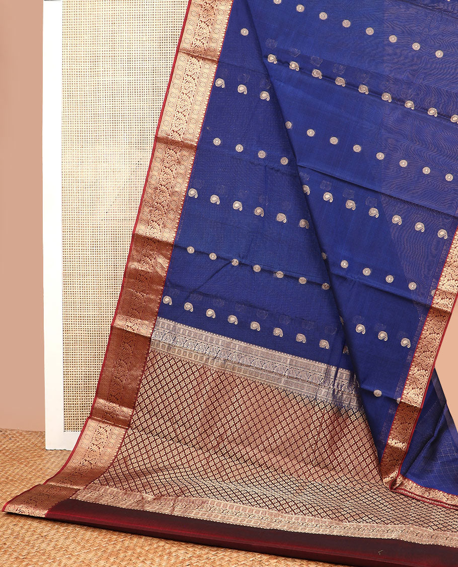 Dark blue motifs silk cotton saree with contrast intricate zari design border & argyle design pallu