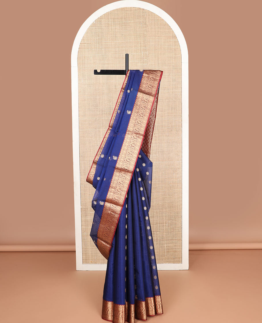 Dark blue motifs silk cotton saree with contrast intricate zari design border & argyle design pallu