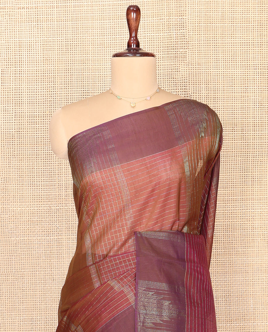Brown Silk Cotton Saree, Adorned with Checks On Its Body, Complemented by Contrast Temple Border, Intricately Designed Pallu and Paired with a Contrast Blouse