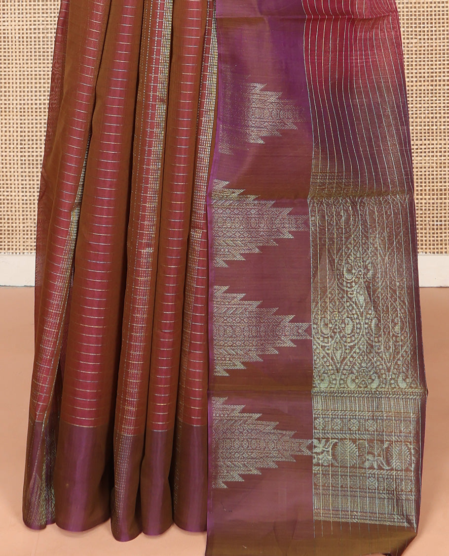 Brown Silk Cotton Saree, Adorned with Checks On Its Body, Complemented by Contrast Temple Border, Intricately Designed Pallu and Paired with a Contrast Blouse