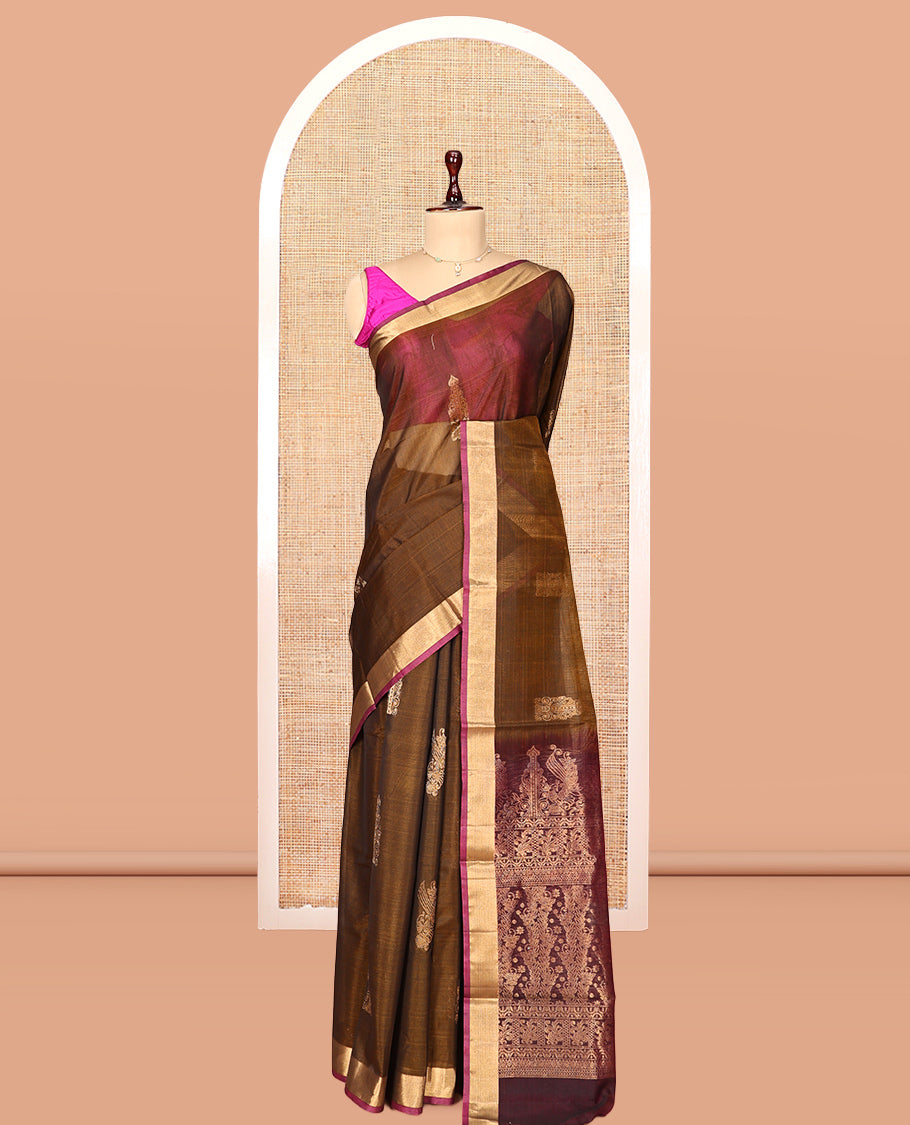 Brown Zari Butta Silk Cotton Saree