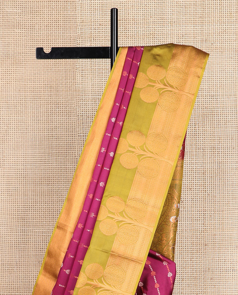 Purple zari designs soft silk saree, contrast floral zari design border, and pallu of paisley designs