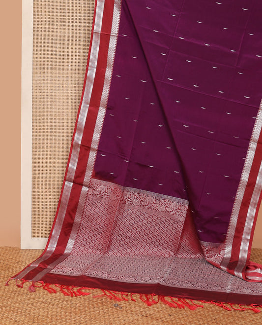 Purple semi-soft silk saree with buttas, contrast rettai pettu traditional design border & pallu of jaal design
