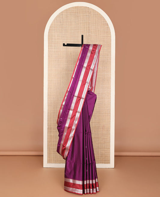 Purple semi-soft silk saree with buttas, contrast rettai pettu traditional design border & pallu of jaal design