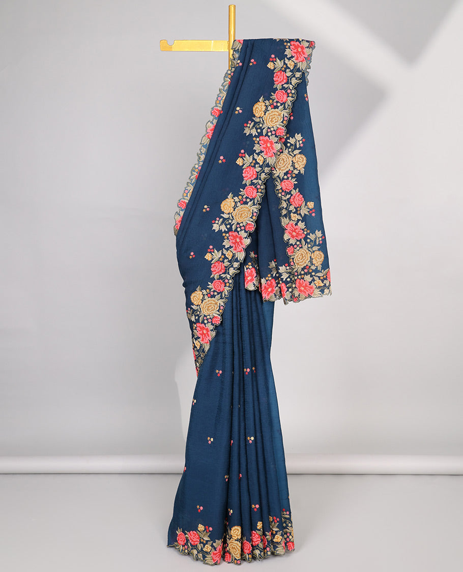 Yellow crushed tissue saree with scallop floral border & motif embroidery pallu