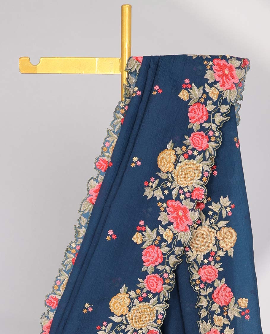 Yellow crushed tissue saree with scallop floral border & motif embroidery pallu
