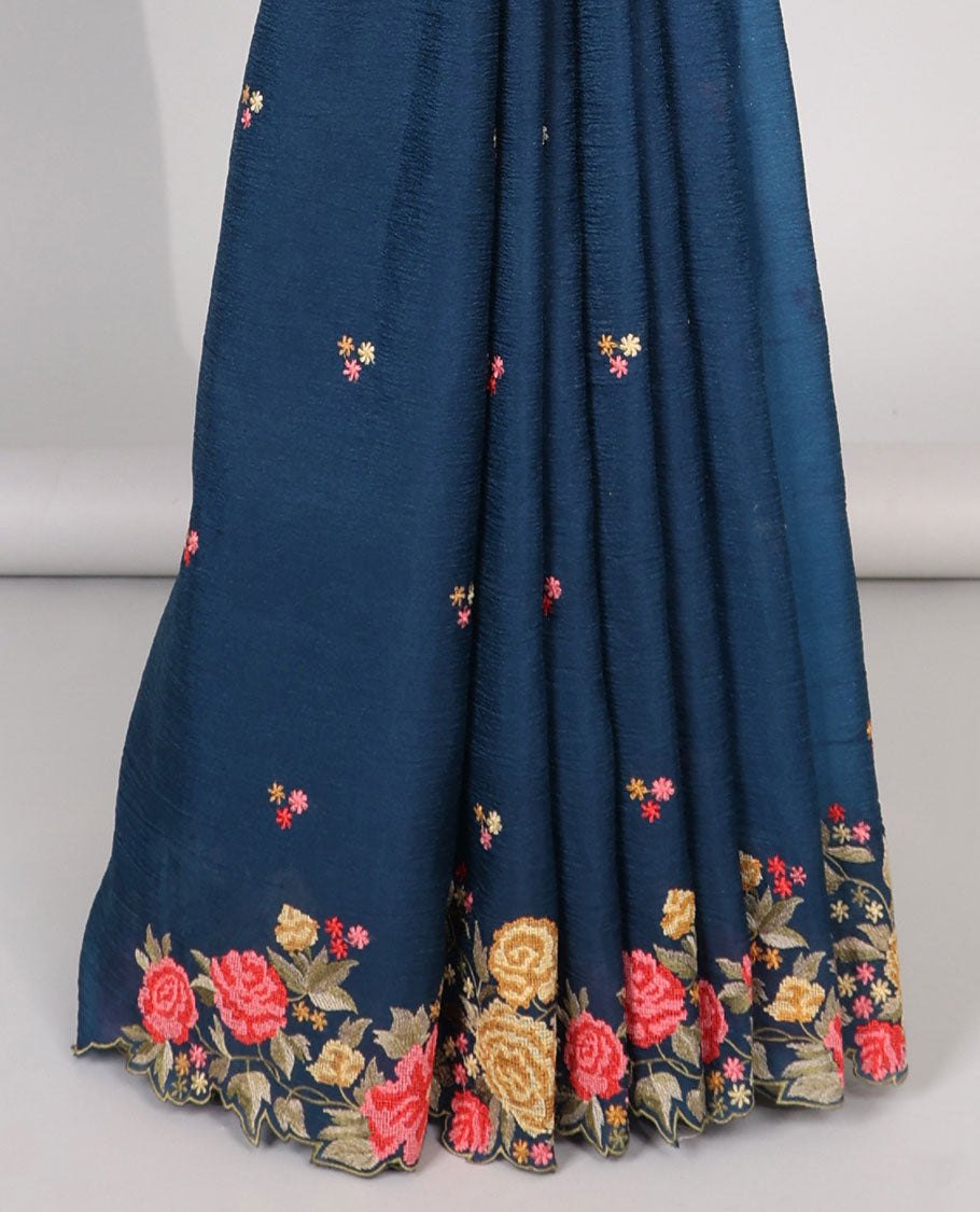 Yellow crushed tissue saree with scallop floral border & motif embroidery pallu
