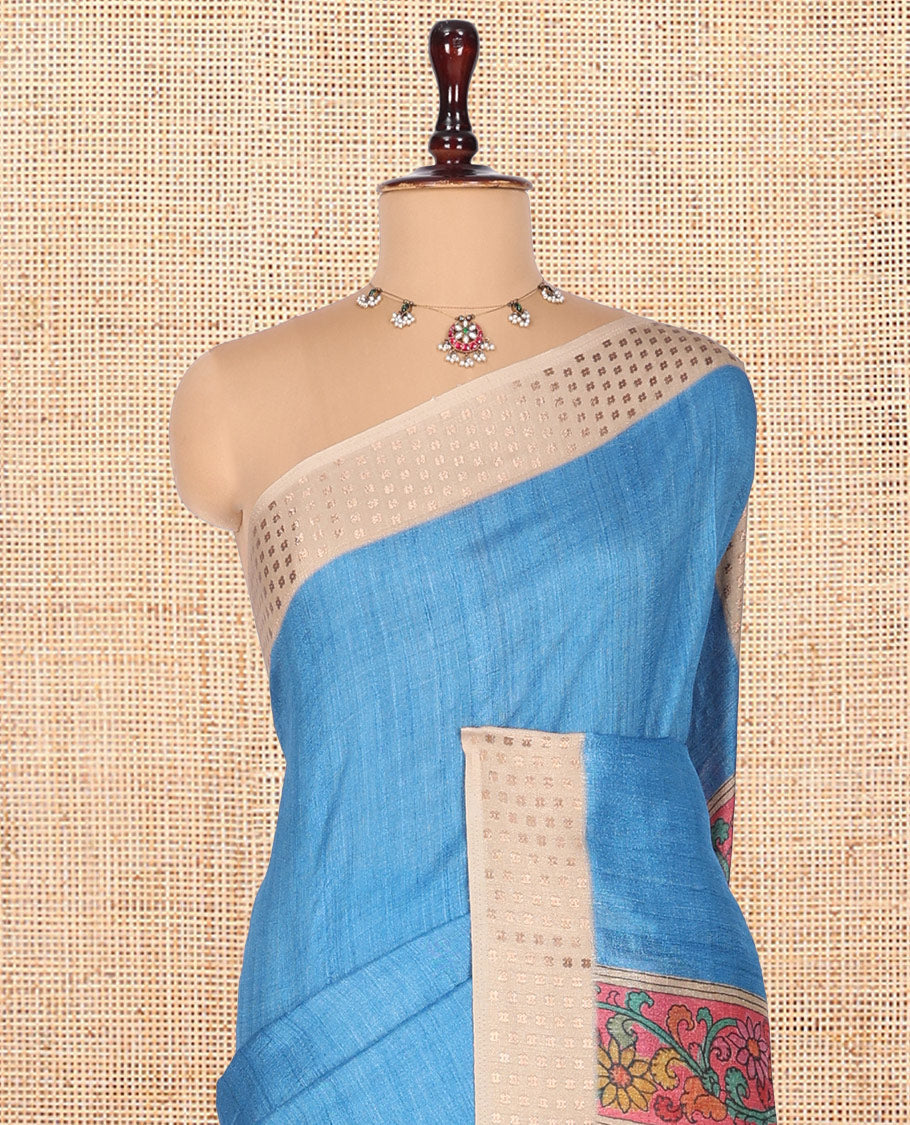 Blue Plain Fancy Tussar Silk Saree, Contrast Triangle Motif Border, Pallu of Kalamkari Peacock Motifs, and Contrast Kalamkari Printed Blouse