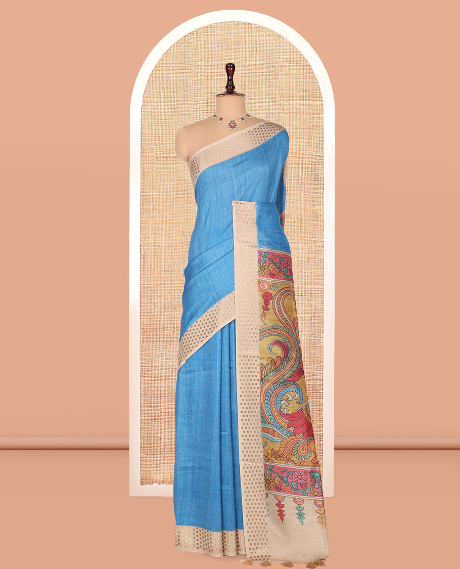 Blue Plain Fancy Tussar Silk Saree, Contrast Triangle Motif Border, Pallu of Kalamkari Peacock Motifs, and Contrast Kalamkari Printed Blouse